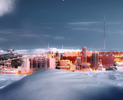 mining station with several buildings in snowy grounds