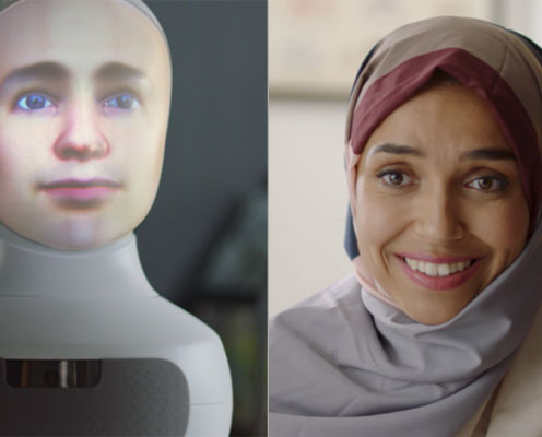 image of a person interacting with AI language robot screen