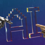letters ai with a hands of a robot and a human beside