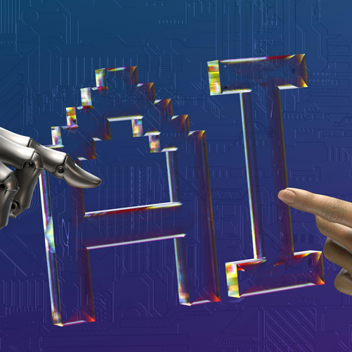 letters ai with a hands of a robot and a human beside
